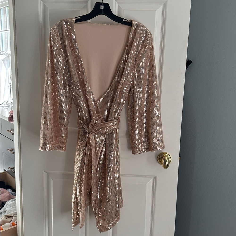 Sequin Wrap Dress with Belt.  gold sequence w nude lining.